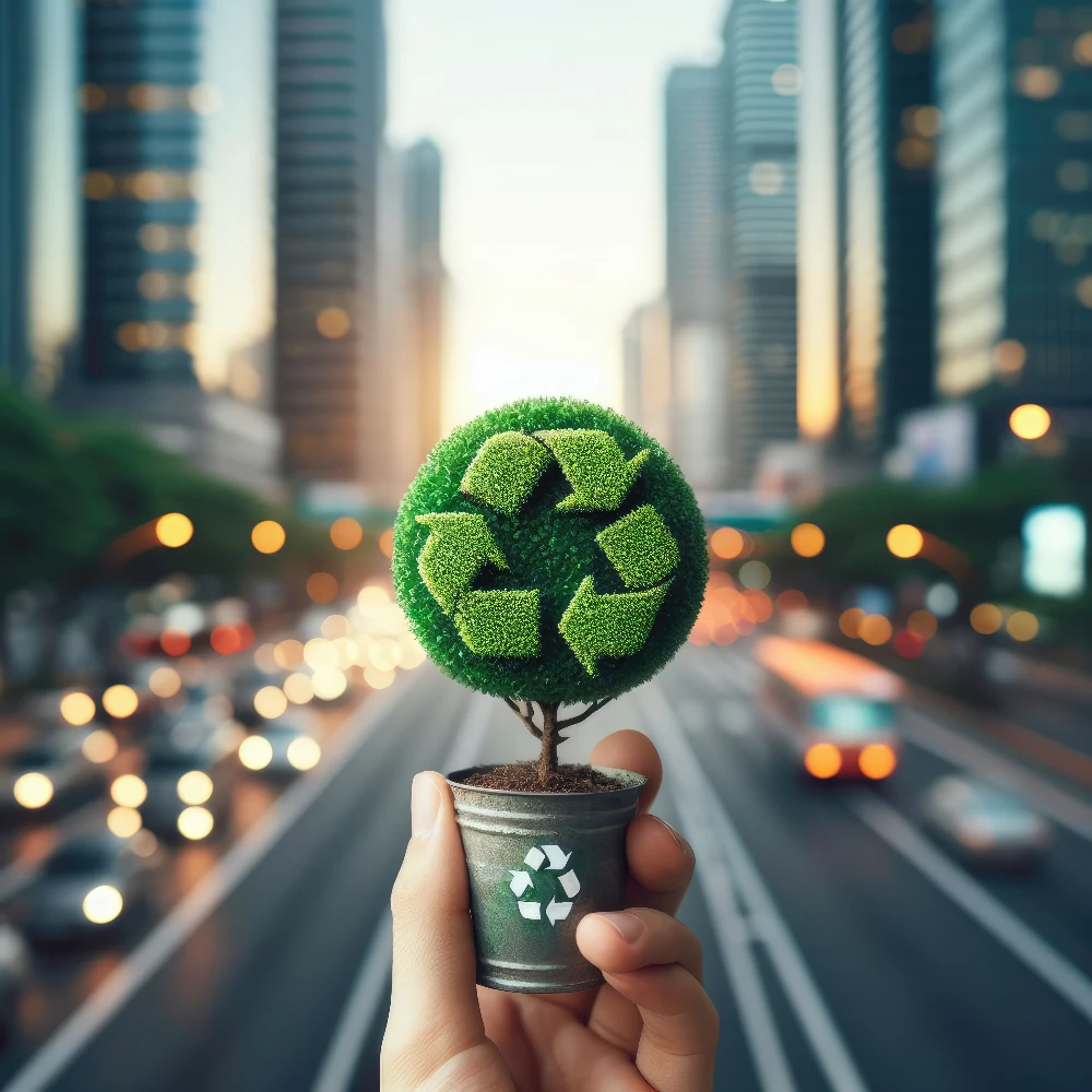 Small tree shaped like a recycling symbol held above a city street