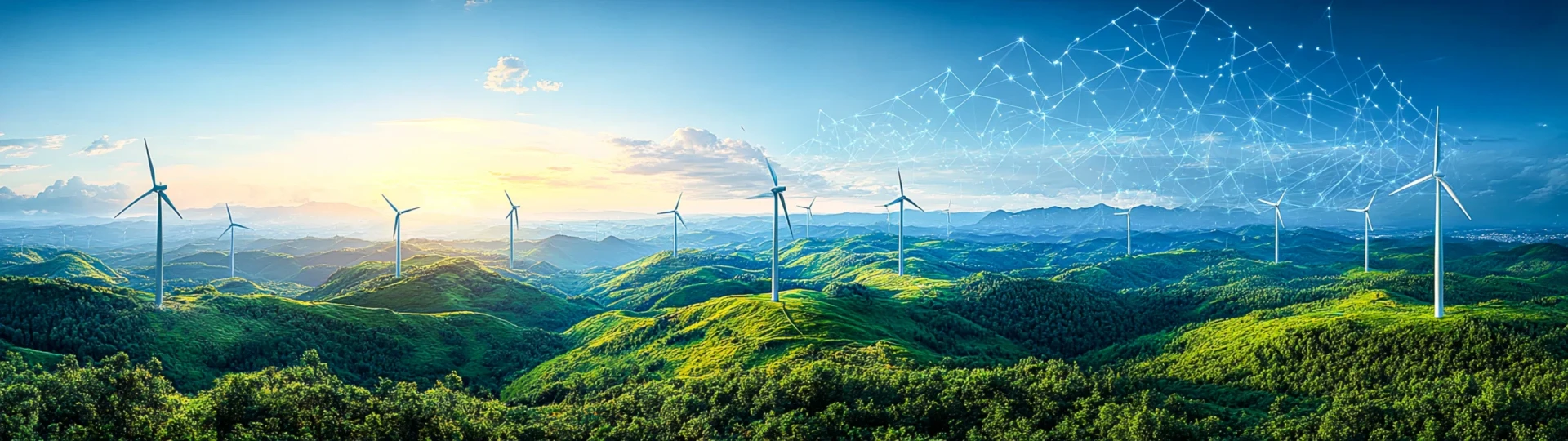Wind turbines on green hills with a connected data network overlay